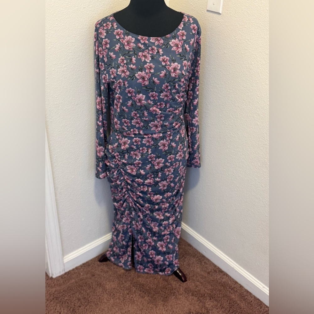 White House Black Market Floral Black Gray Pink Reversible Mesh Dress Ruched M - Picture 4 of 9